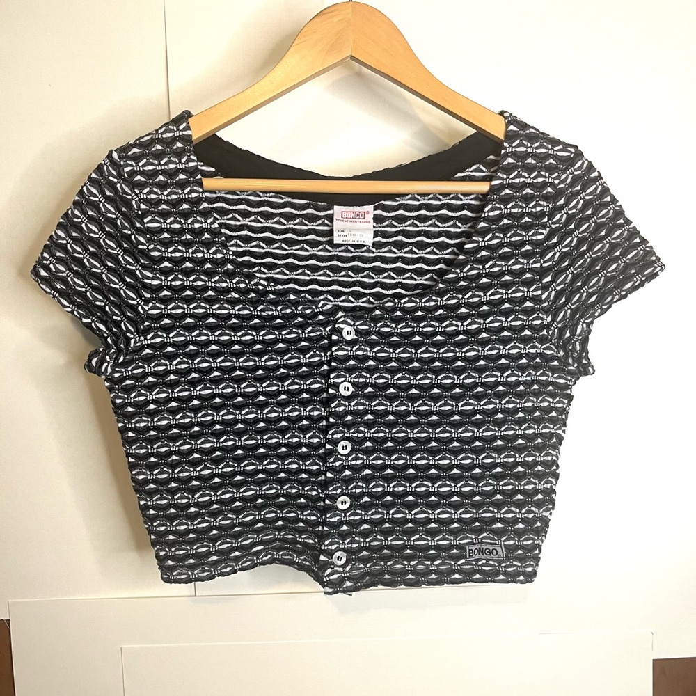 BONGO (VTG L/Fits XS - S) Black & White Patterned Button Up Crop Top 90s
